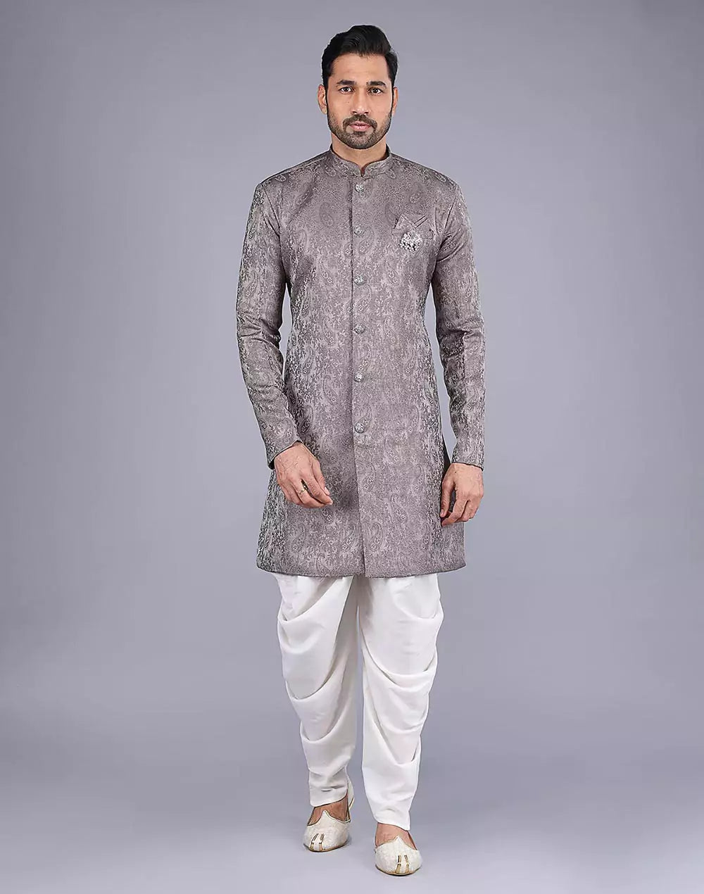 Grey Floral Patterned Jacquard Semi-Indo
