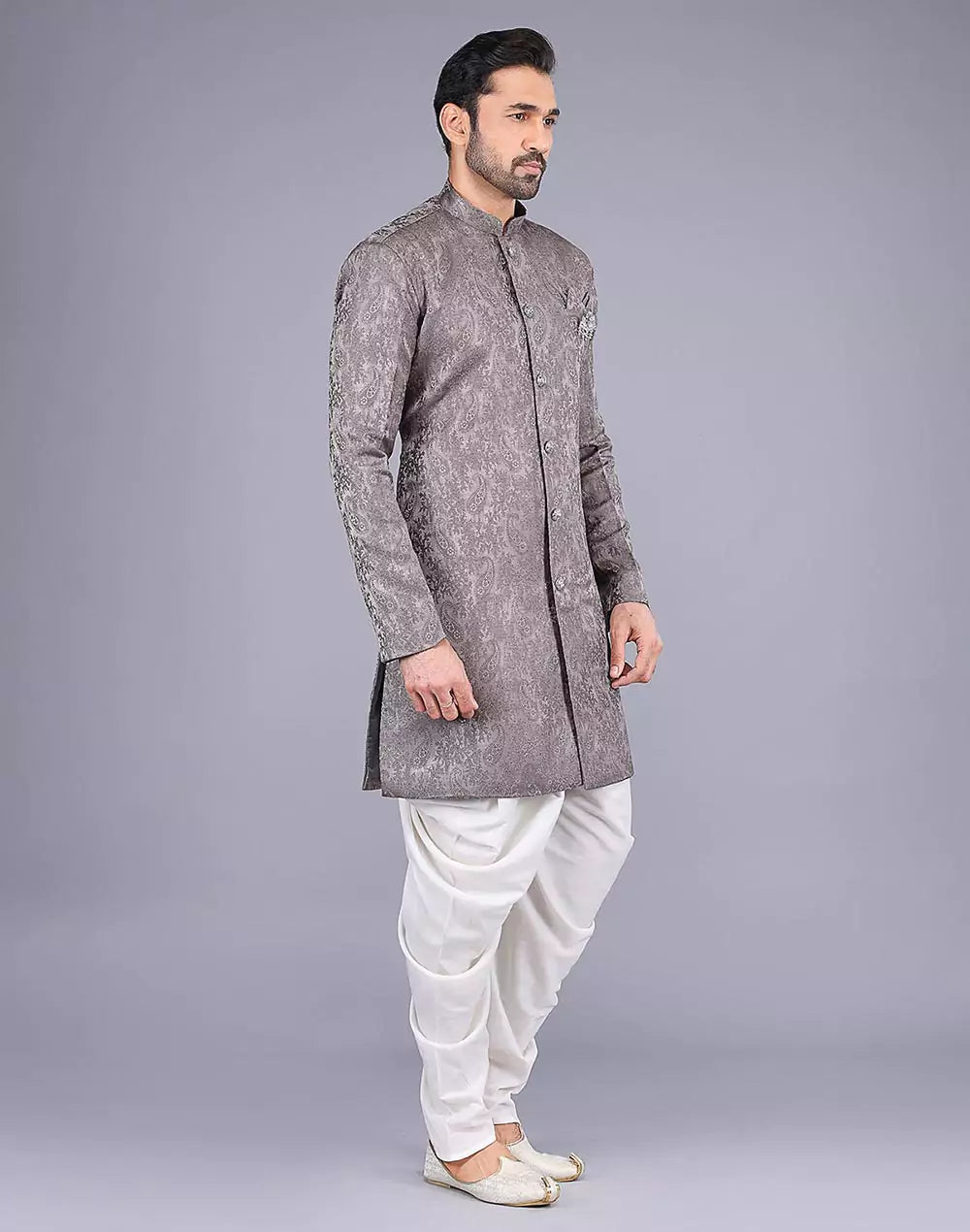 Grey Floral Patterned Jacquard Semi-Indo
