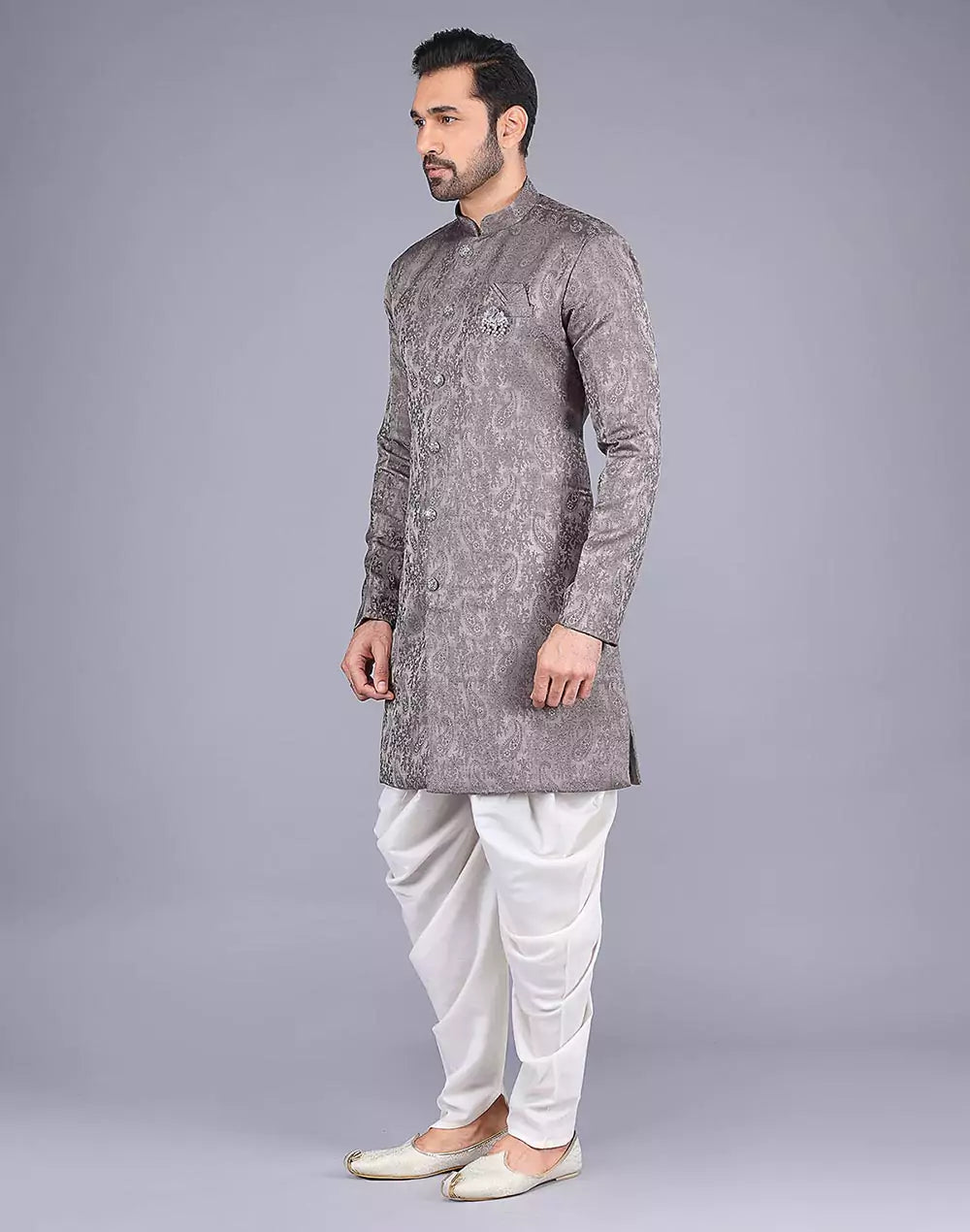 Grey Floral Patterned Jacquard Semi-Indo