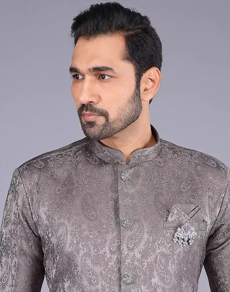 Grey Floral Patterned Jacquard Semi-Indo