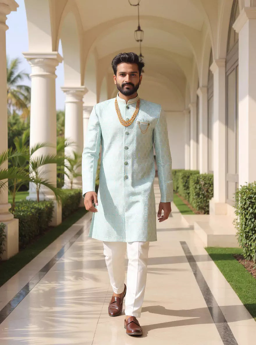 Floral Design Jacquard Firozi Color Semi Indo with Mala