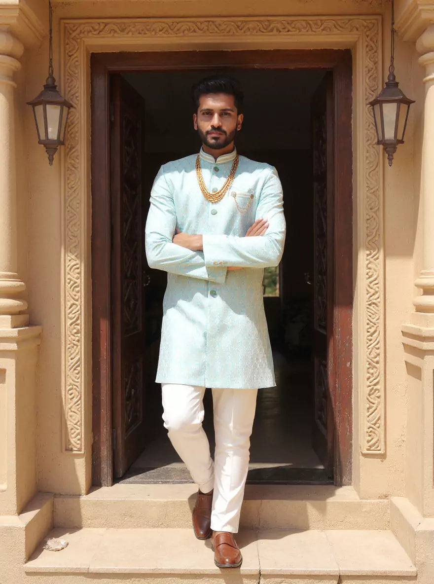 Floral Design Jacquard Firozi Color Semi Indo with Mala