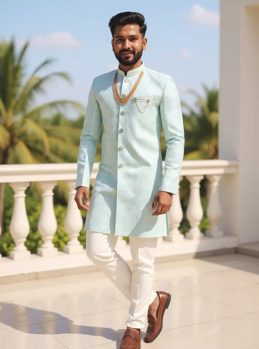 Floral Design Jacquard Firozi Color Semi Indo with Mala