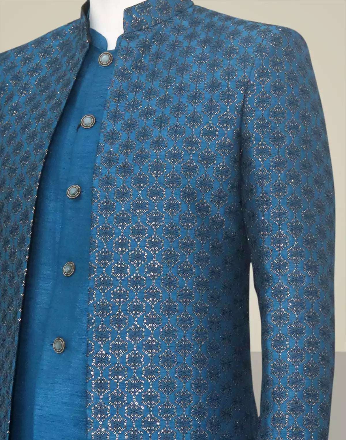Teal Blue Sequins work Raw Silk Open Jacket Style Indo Western