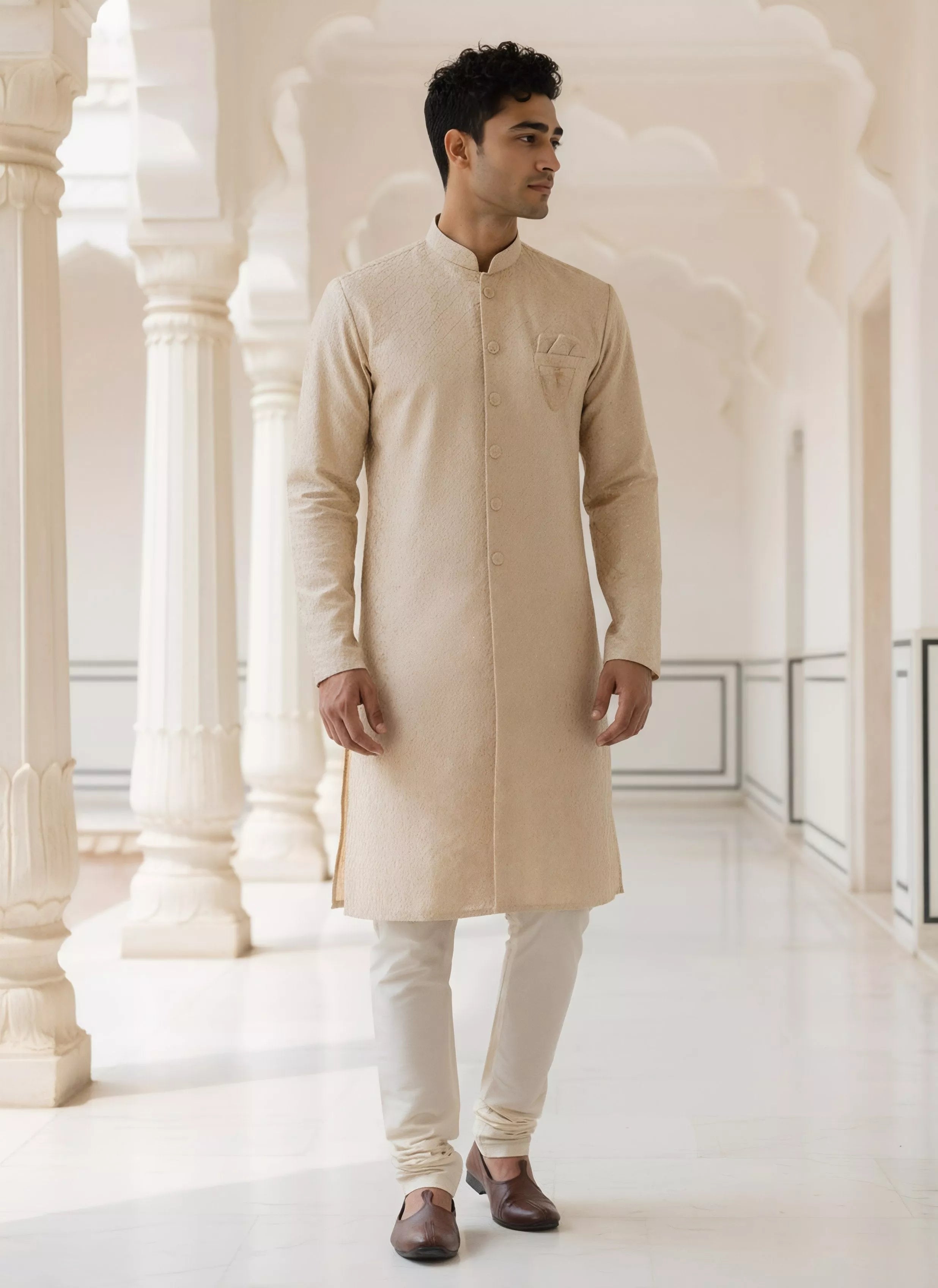 Chiku Colour Floral Thread work Cotton Silk Semi Indo