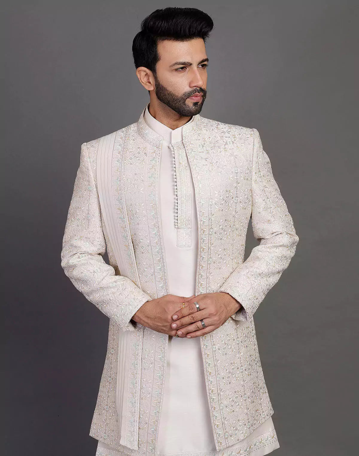 Fawn Colour Raw Silk All Over Embroidery Work Indo Open Jacket With Dupatta