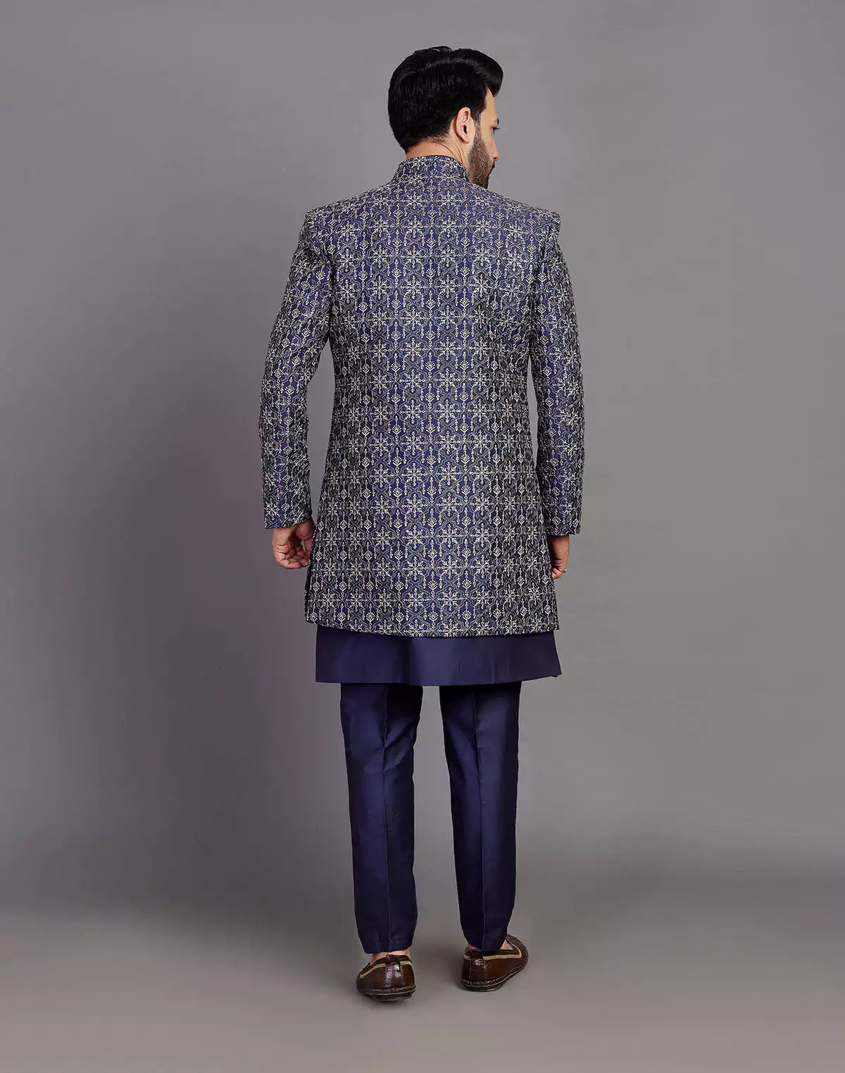 Navy Blue Floral Raw Silk Embroidery Work Open Jacket Style