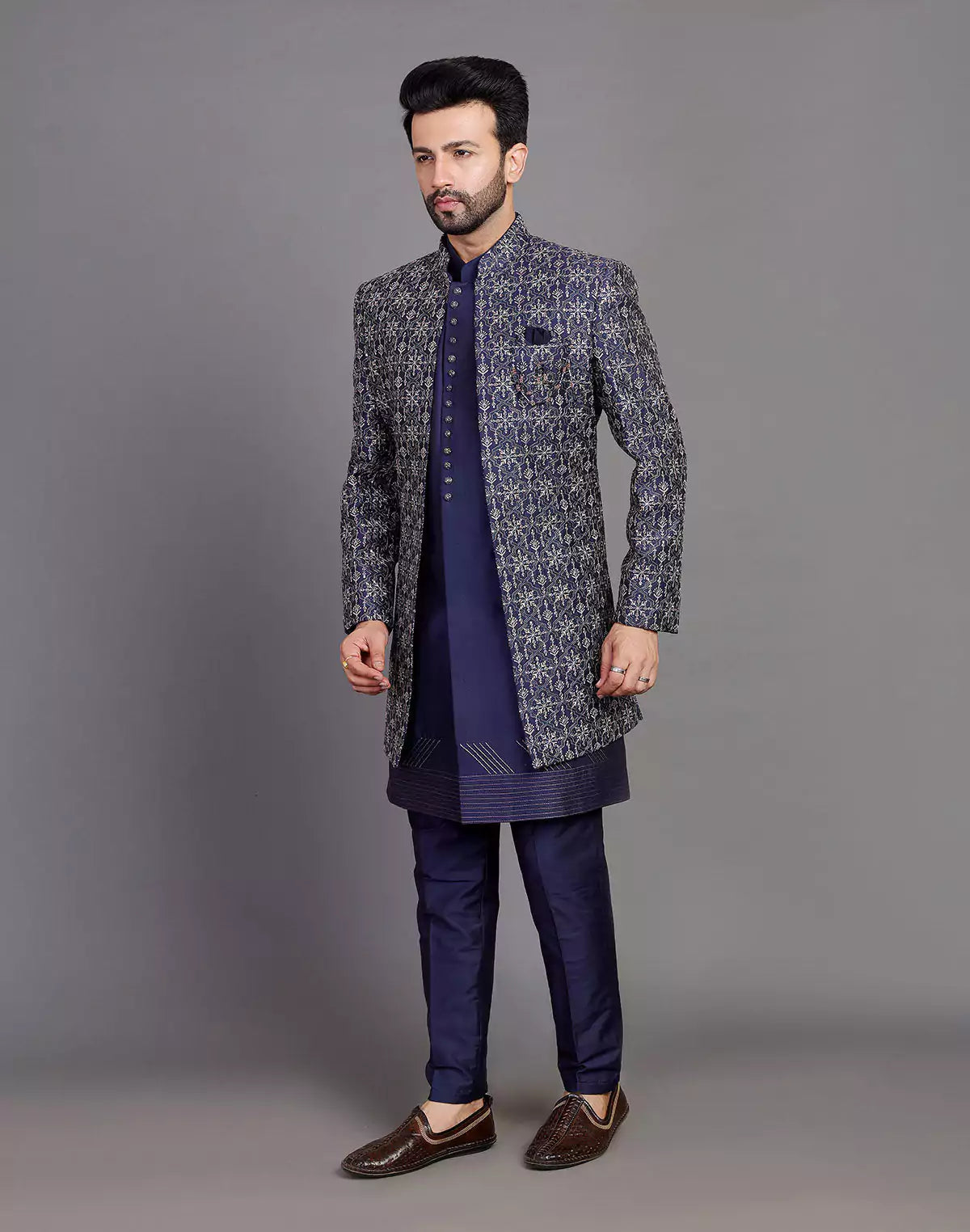 Navy Blue Floral Raw Silk Embroidery Work Open Jacket Style