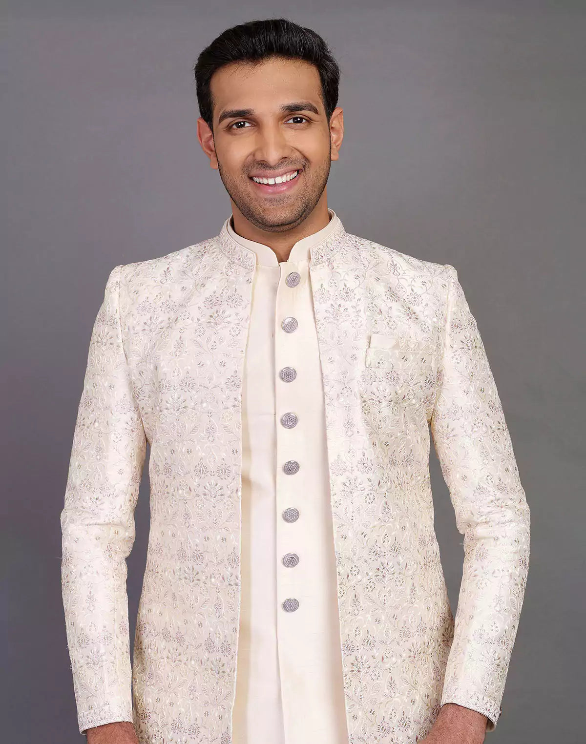 Elegant Fawn Color Raw Silk Embroidery Work Indo-open Jacket Set