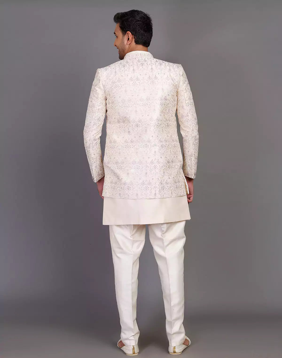 Elegant Fawn Color Raw Silk Embroidery Work Indo-open Jacket Set