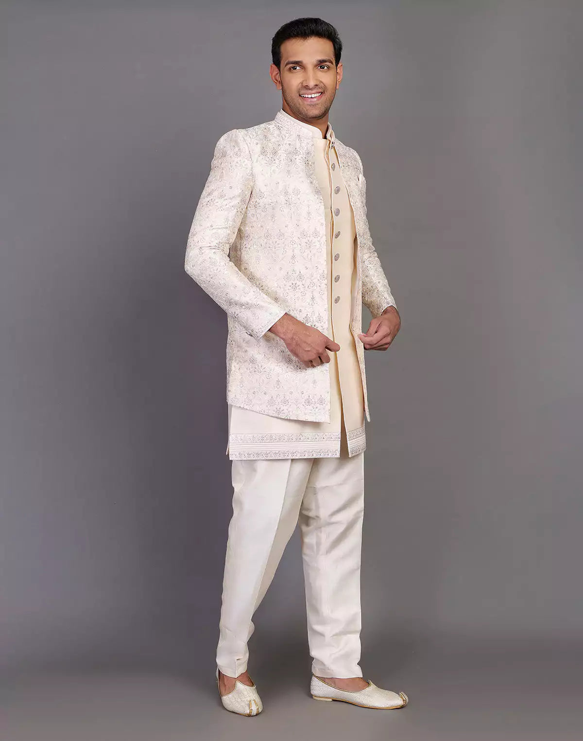 Elegant Fawn Color Raw Silk Embroidery Work Indo-open Jacket Set