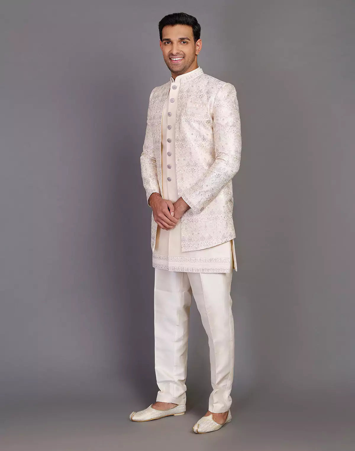 Elegant Fawn Color Raw Silk Embroidery Work Indo-open Jacket Set