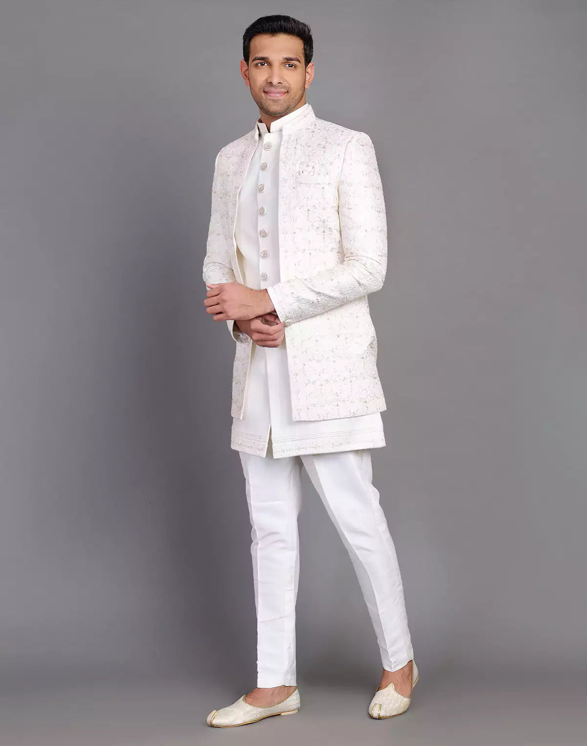 All Over Floral Design Embroidery Work Cream Raw Silk Indo Open Jacket Set