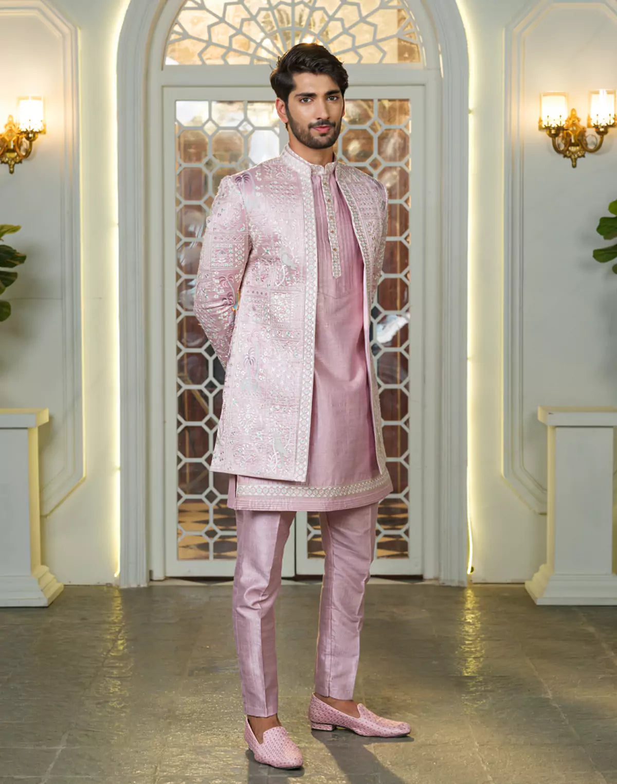 Stylish Pink Coloured Raw Silk Thread Embroidery Floral Indo Open Jacket Set