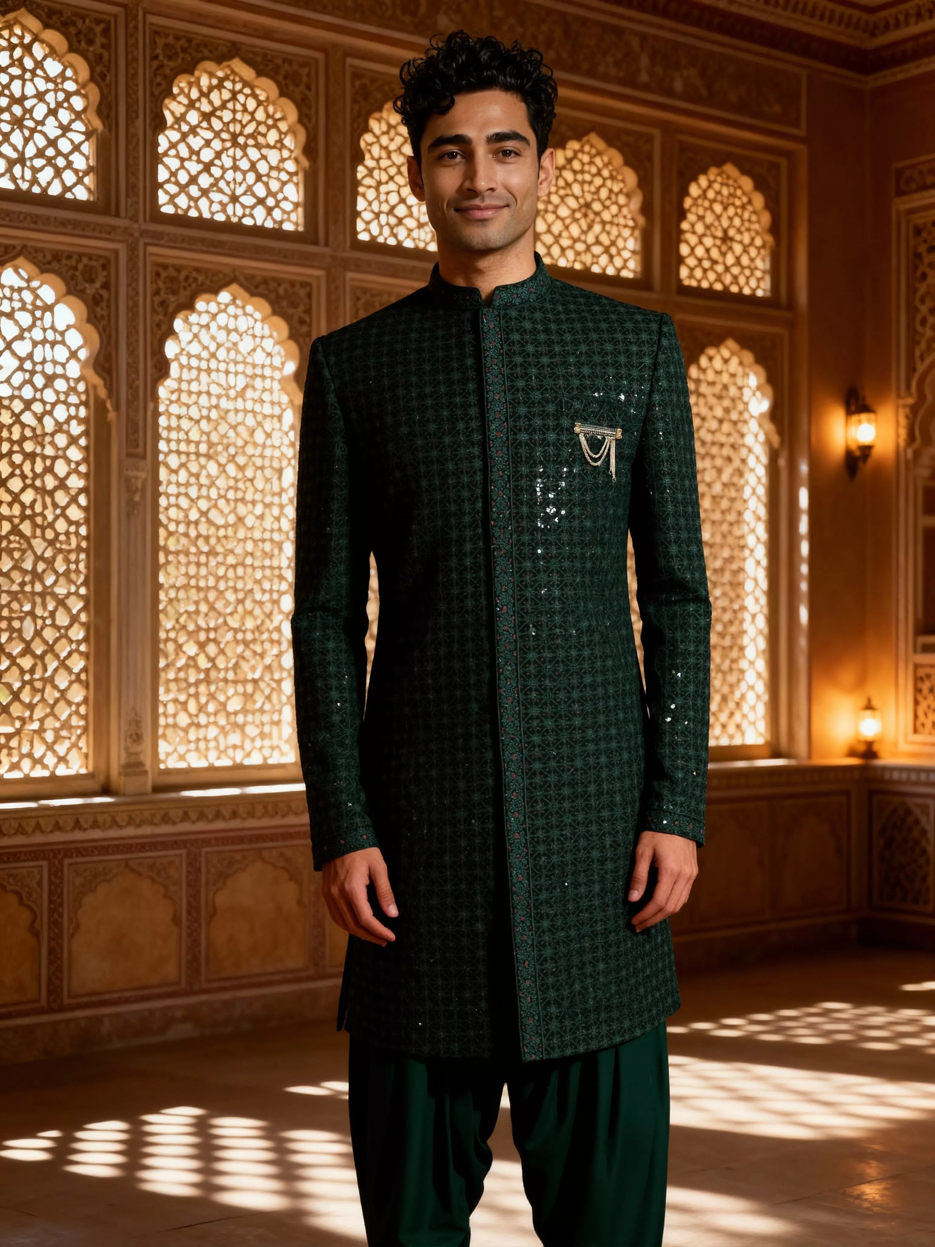 Heavy Thread Embroidered Velvet Indo Western Set in Rama