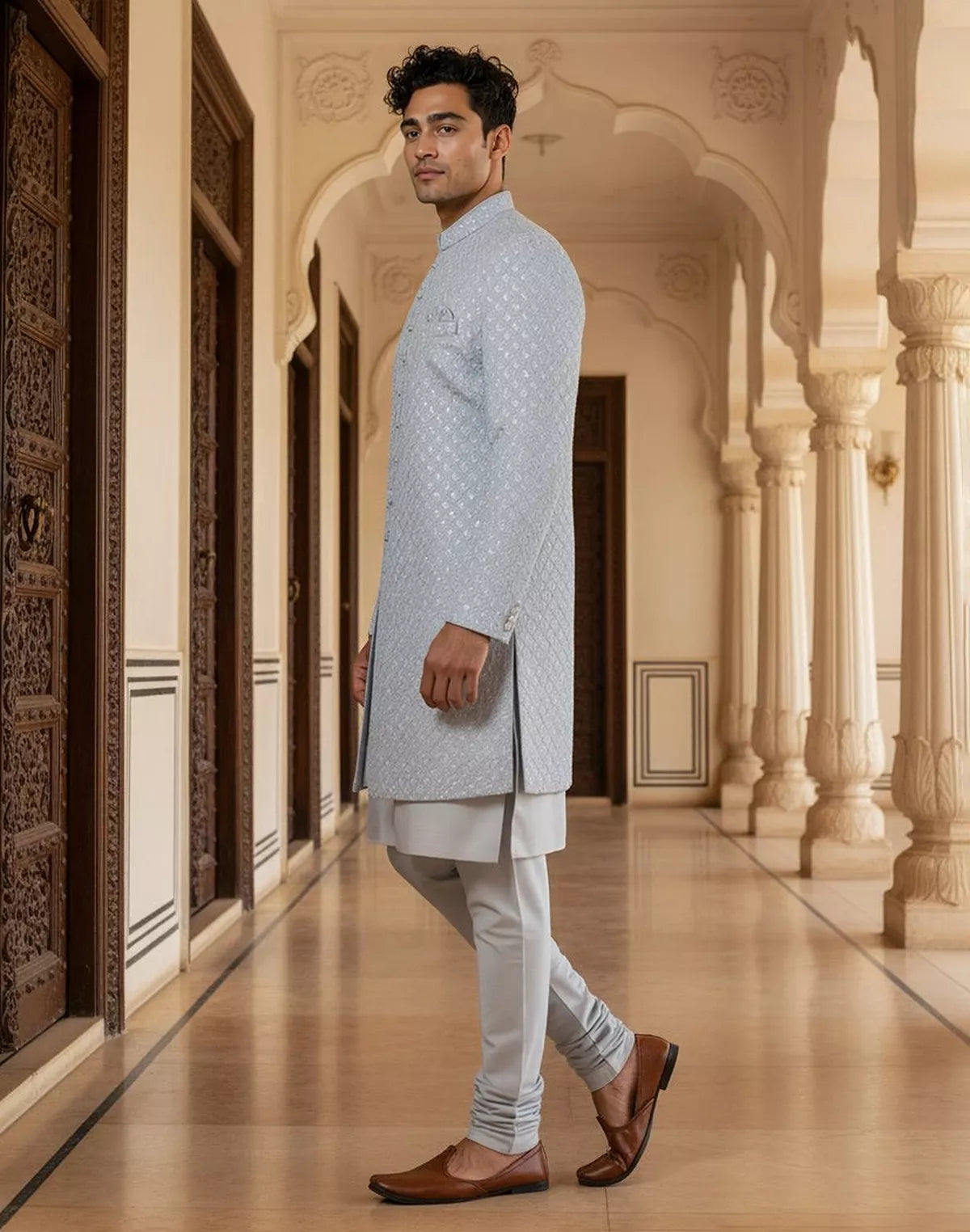 Grey Brocade Thread work Cotton Silk Indo-Open Jacket Set