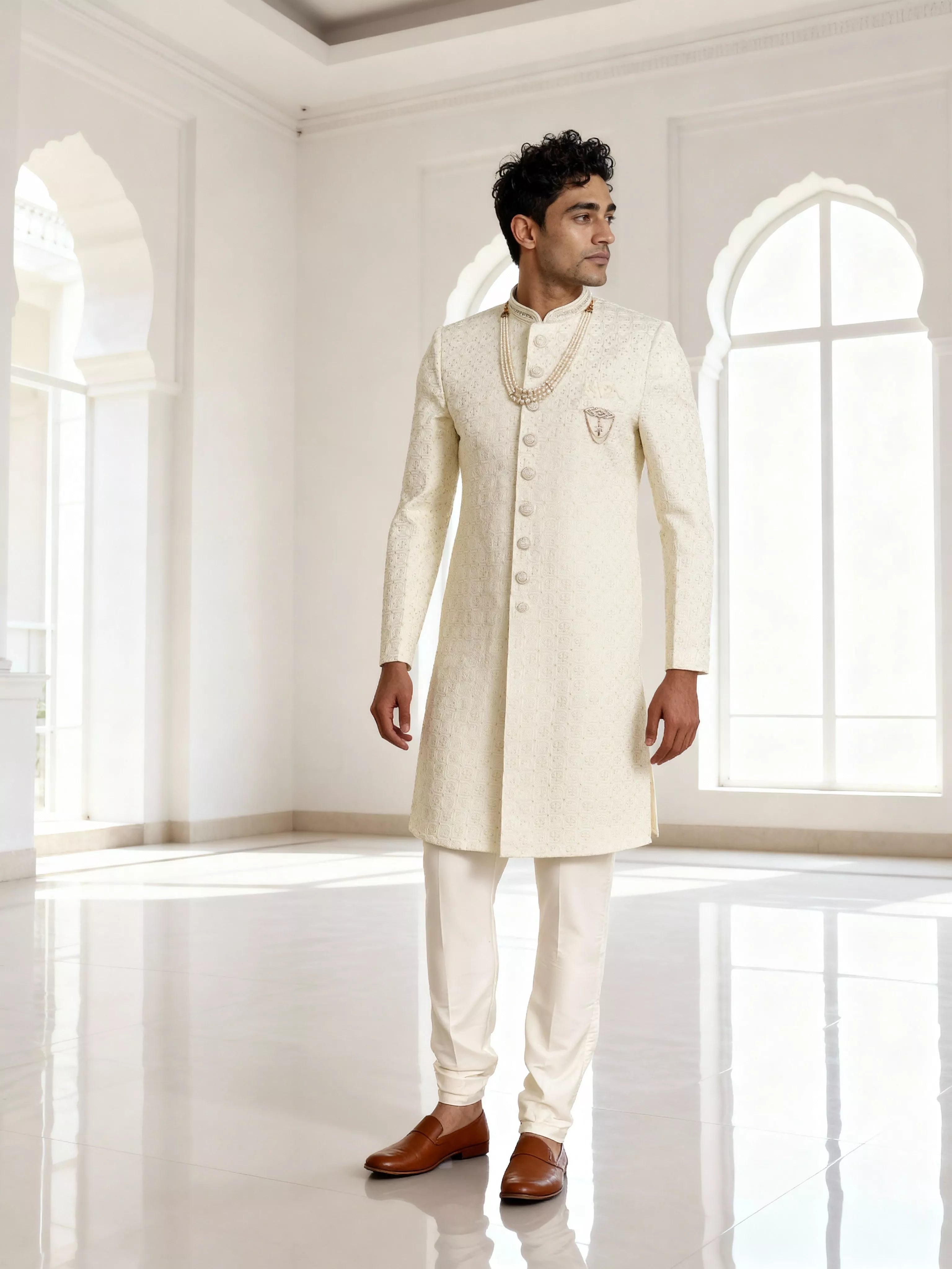 Exclusive Cream Cotton Silk Thread work Indo Western with Mala