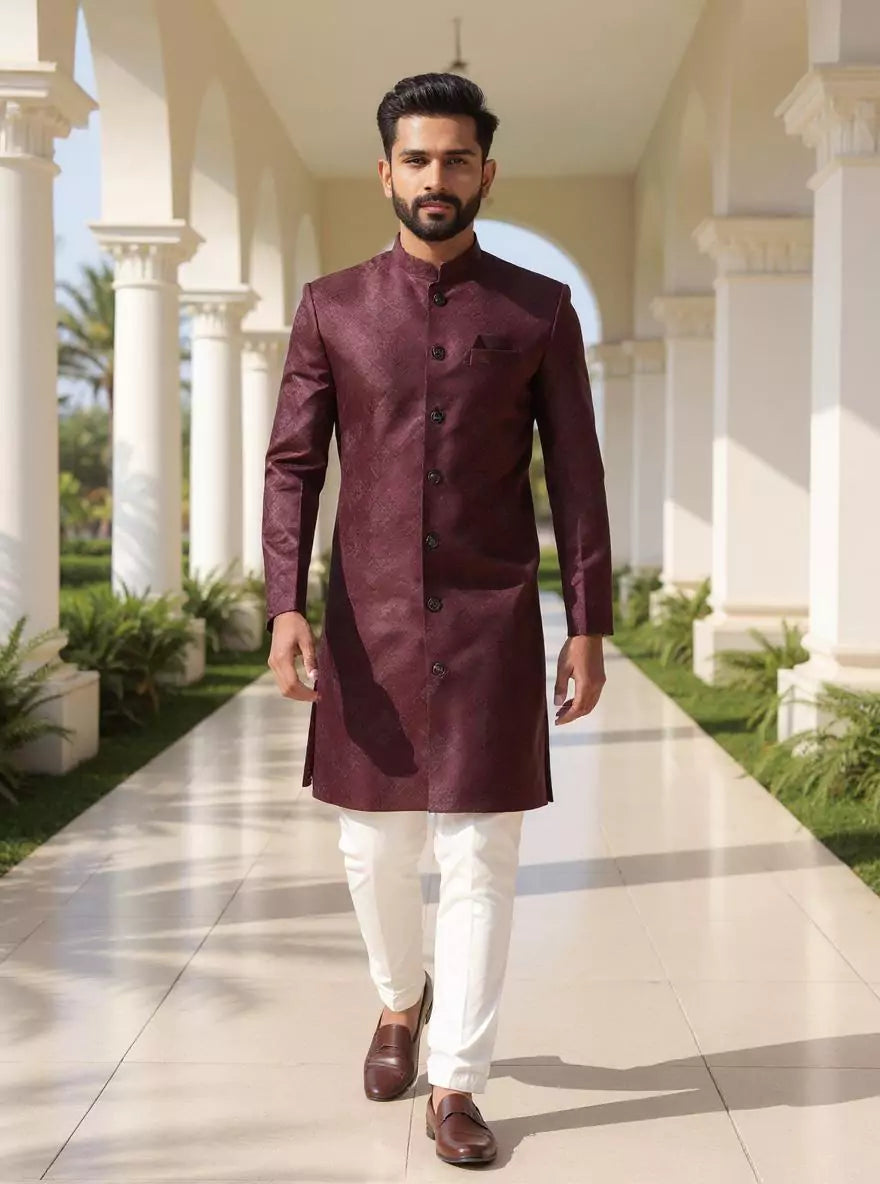 Wine Imperial Patterned Jacquard Semi-Indo Set