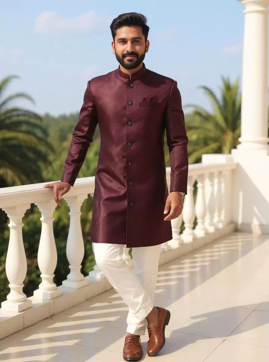 Wine Imperial Patterned Jacquard Semi-Indo Set