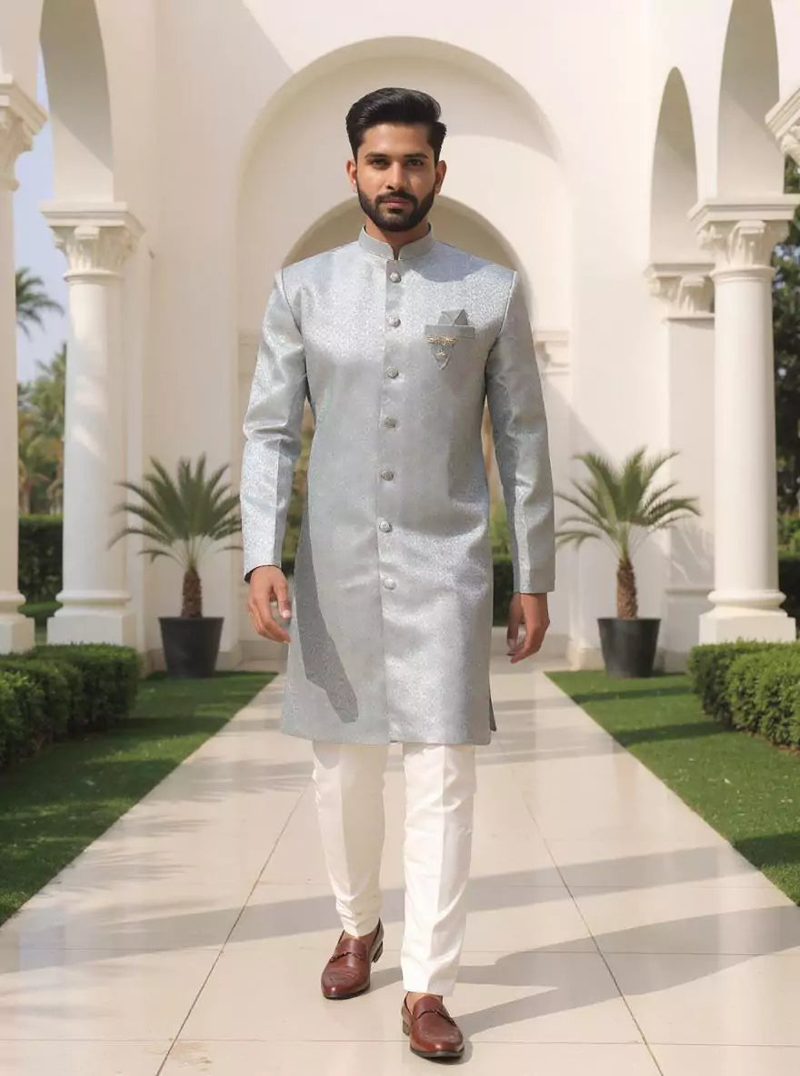 Grey Self Floral Weaving Jacquard Semi Indo