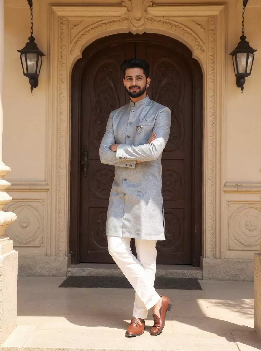 Grey Self Floral Weaving Jacquard Semi Indo