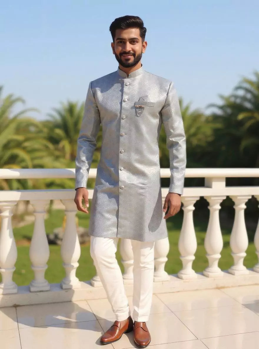 Grey Self Floral Weaving Jacquard Semi Indo