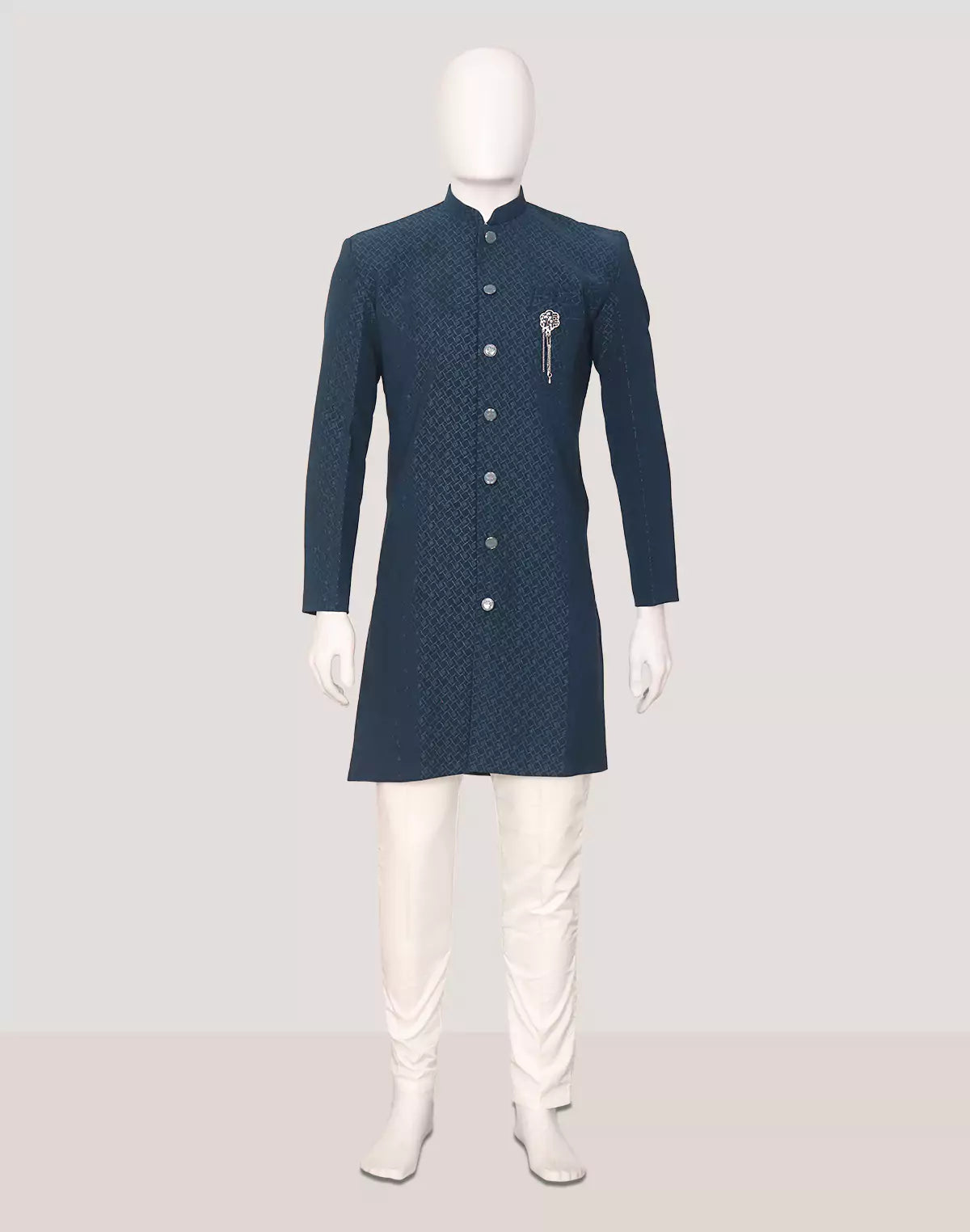 Peacock Blue Self Design Jacquard Semi-Indo