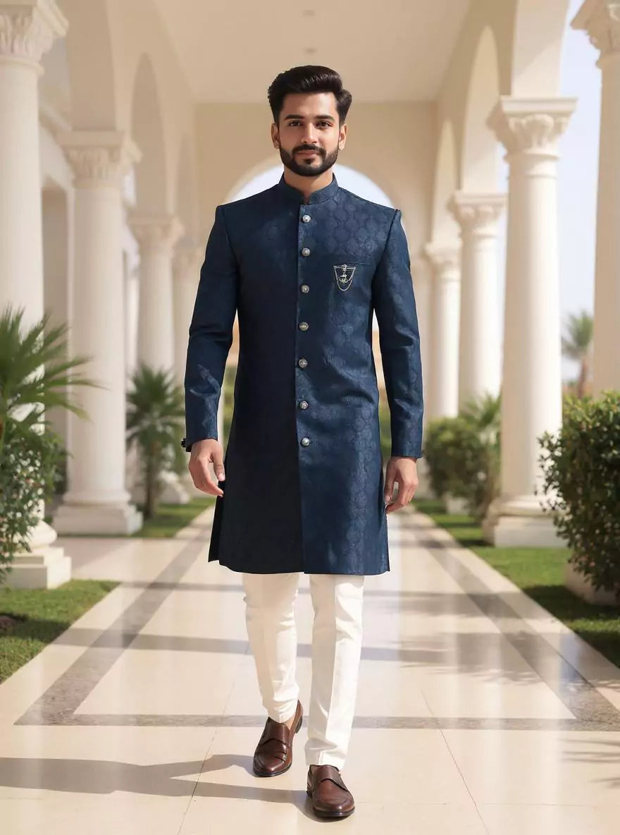 Classic Peacock Color Jacquard Self Design Semi Indo