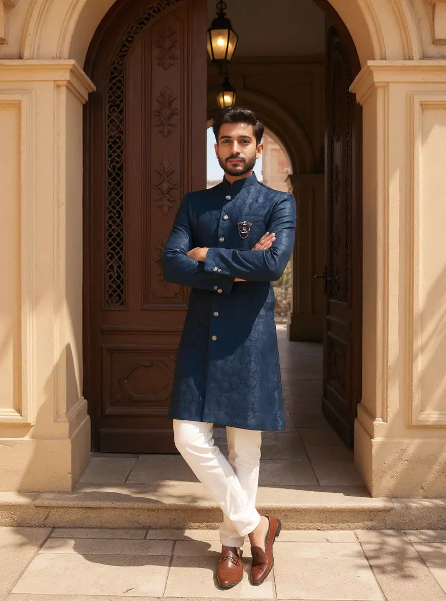 Classic Peacock Color Jacquard Self Design Semi Indo