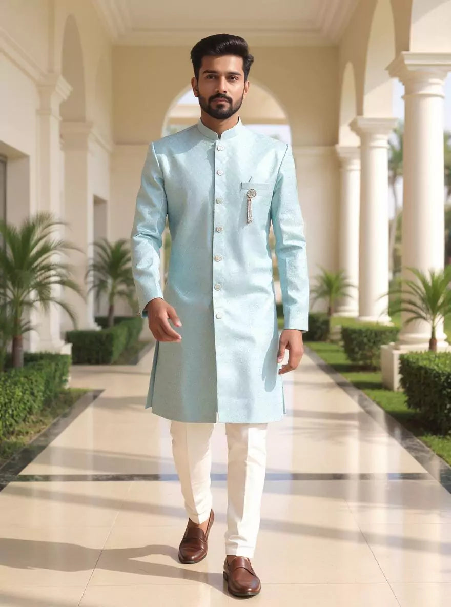 Self Design Firozi Colour Jacquard Semi Indo