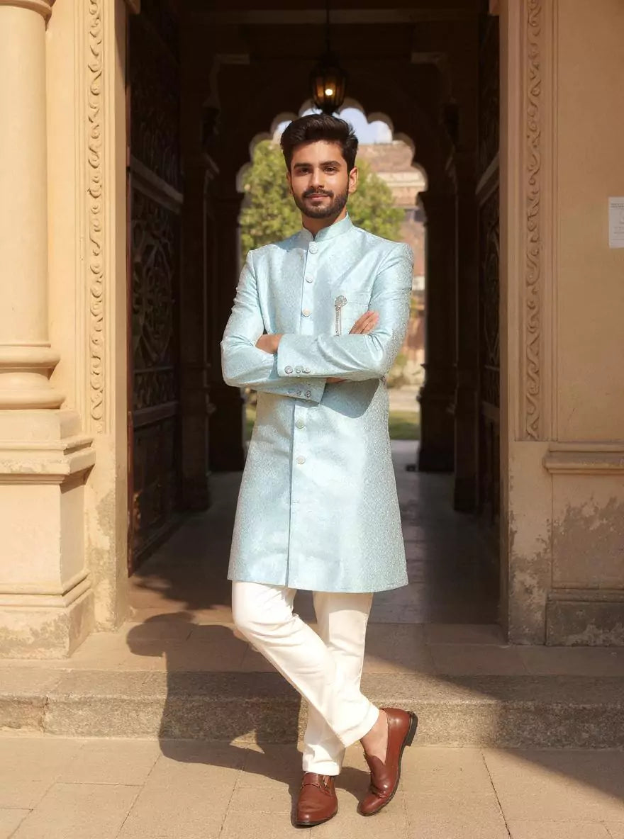 Self Design Firozi Colour Jacquard Semi Indo