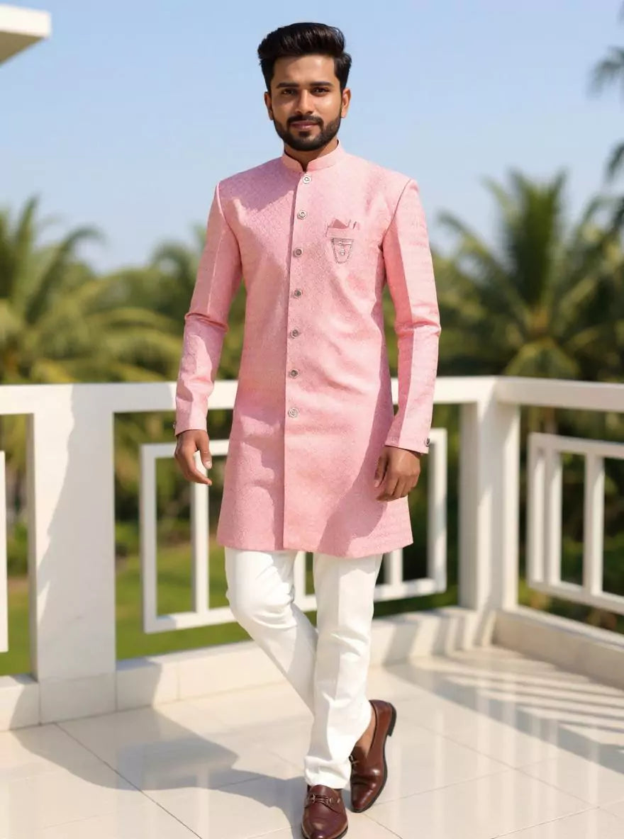 Peach Self Patterned Jacquard Semi-Indo