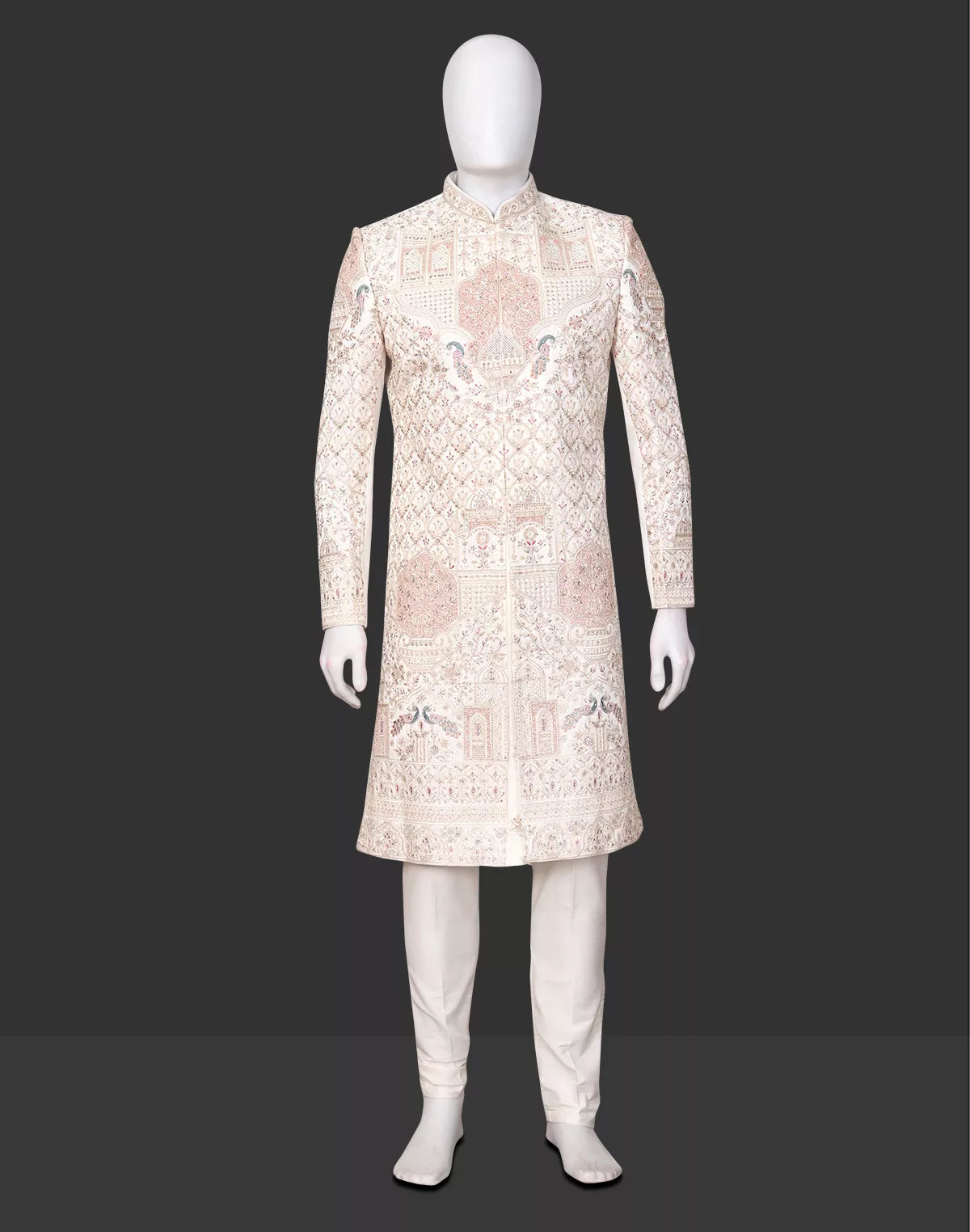 Warm White Floral Resham and Swarovski Stones work Raw Silk Sherwani