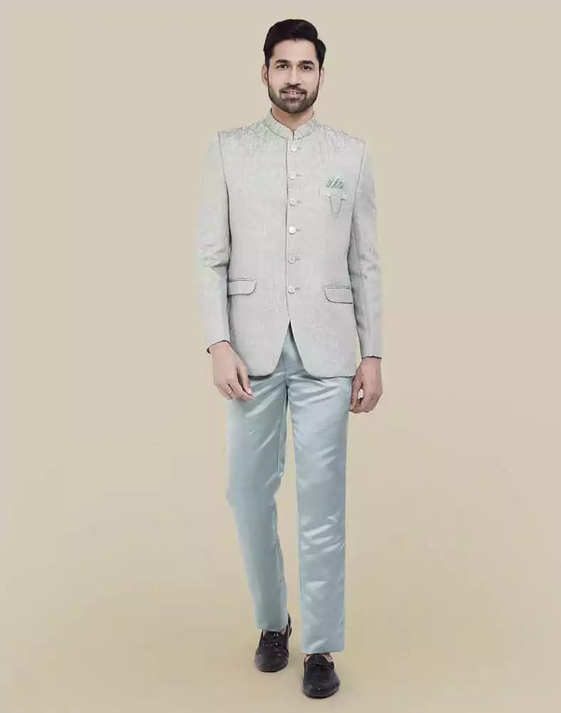 Peacock Blue Self Textured Plain Bandhagala Set