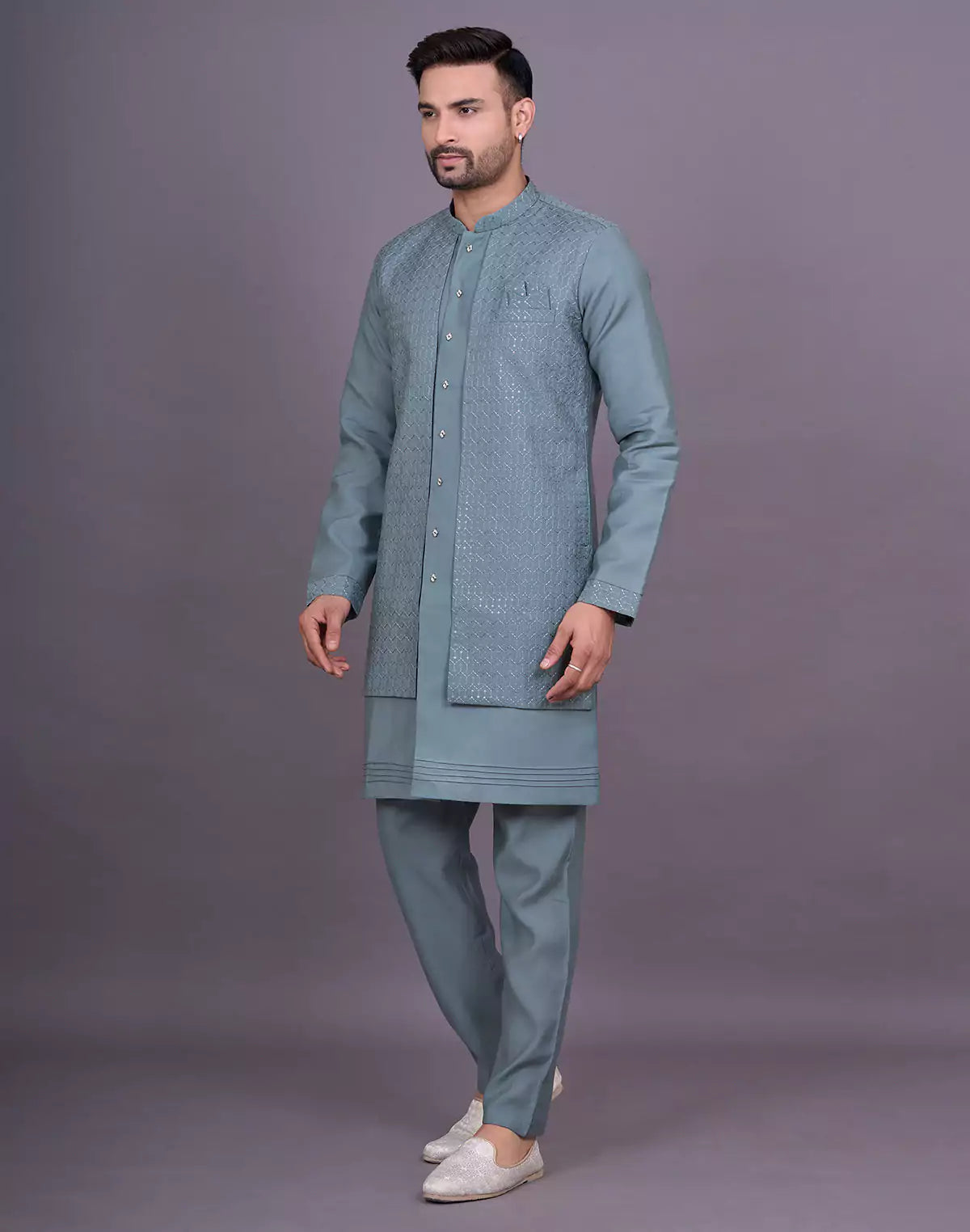 Green Shade Self Thread Embroidery work Soft Silk Kurta Jacket Set