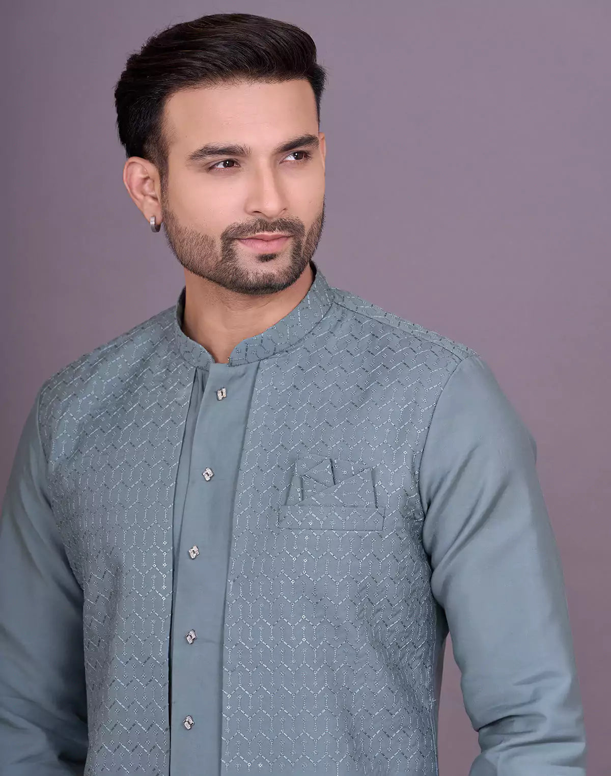 Green Shade Self Thread Embroidery work Soft Silk Kurta Jacket Set