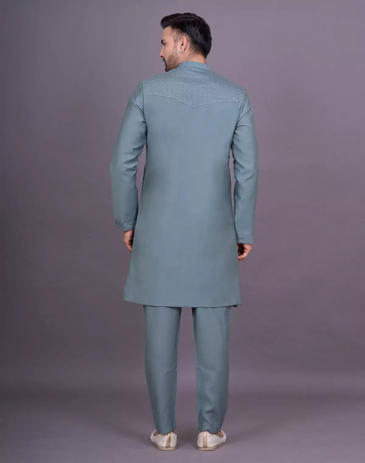 Green Shade Self Thread Embroidery work Soft Silk Kurta Jacket Set