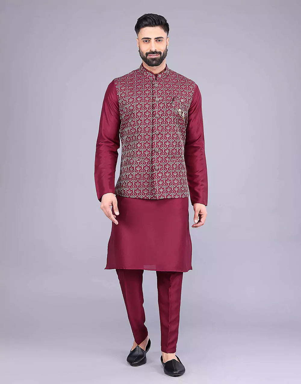 Floral Design Maroon Embroidery Work Jacquard Kurta Set