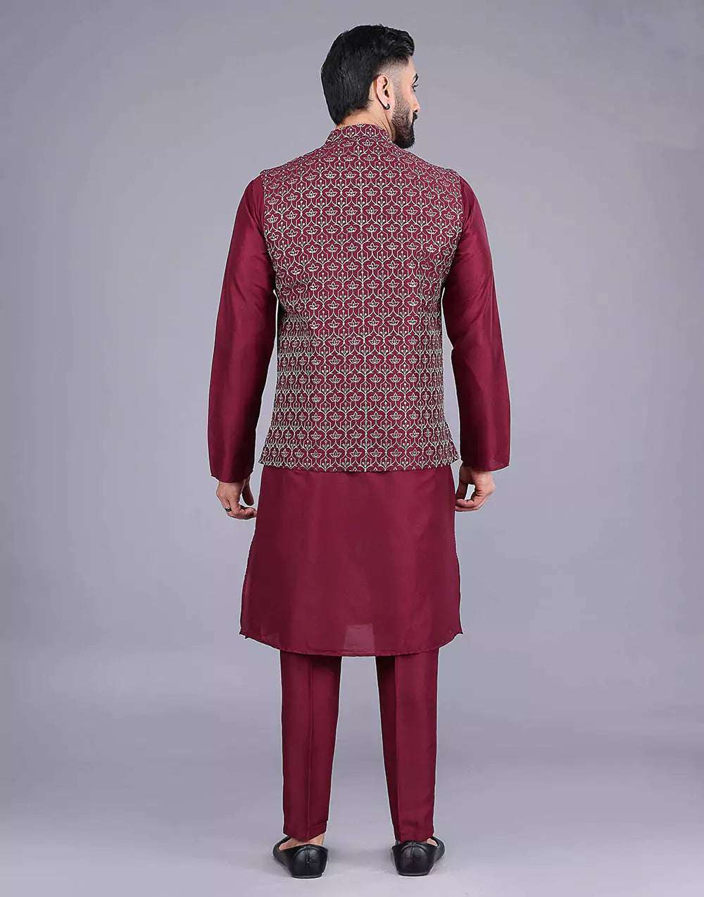 Floral Design Maroon Embroidery Work Jacquard Kurta Set