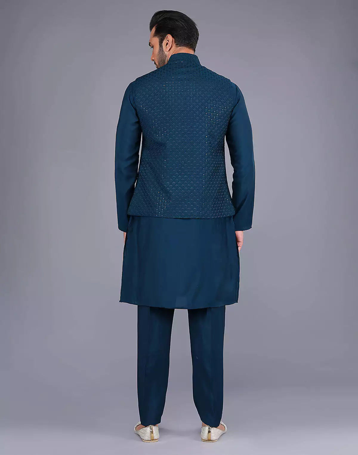 All Over Floral Design Embroidery Work Rama Color Kurta Jacket Set