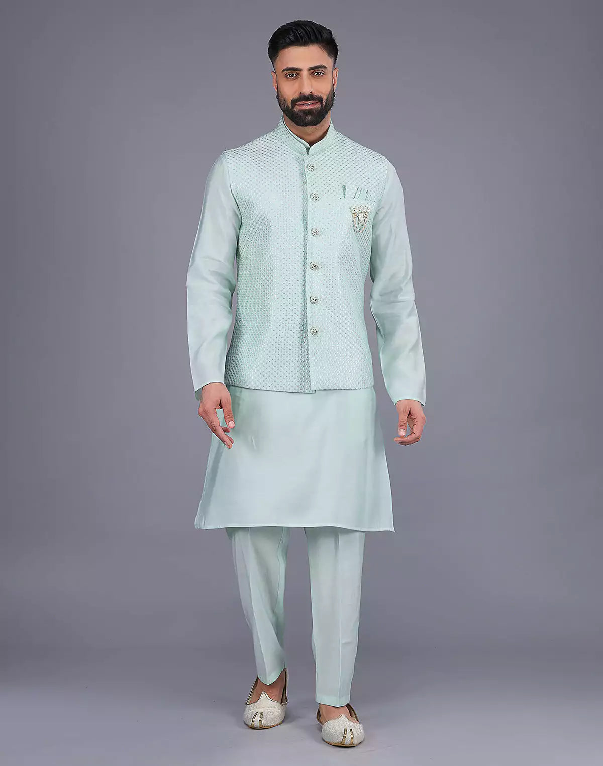 Light Green All Over Self Design Sequence Work Kurta Jacket Set