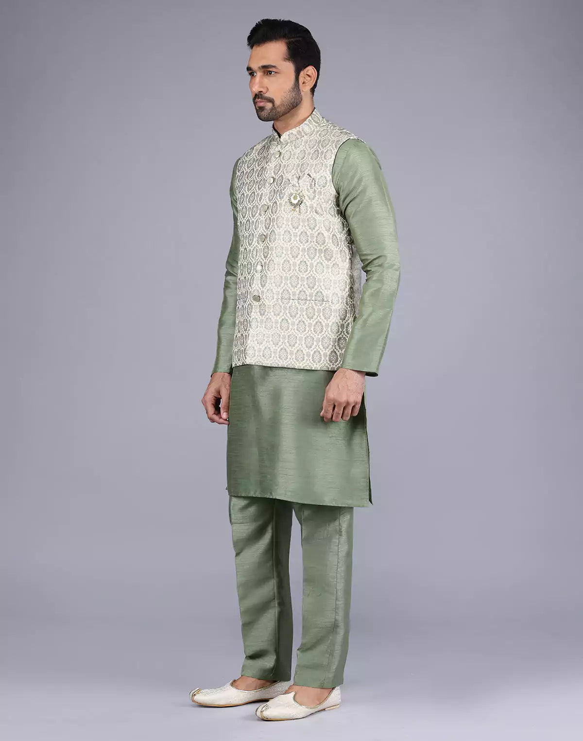 Floral Design Pista Colour Raw Silk Thread work Kurta Jacket Set