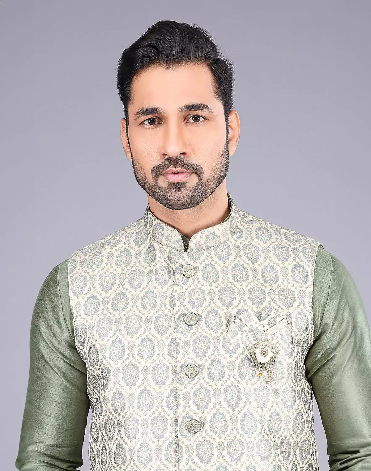 Floral Design Pista Colour Raw Silk Thread work Kurta Jacket Set