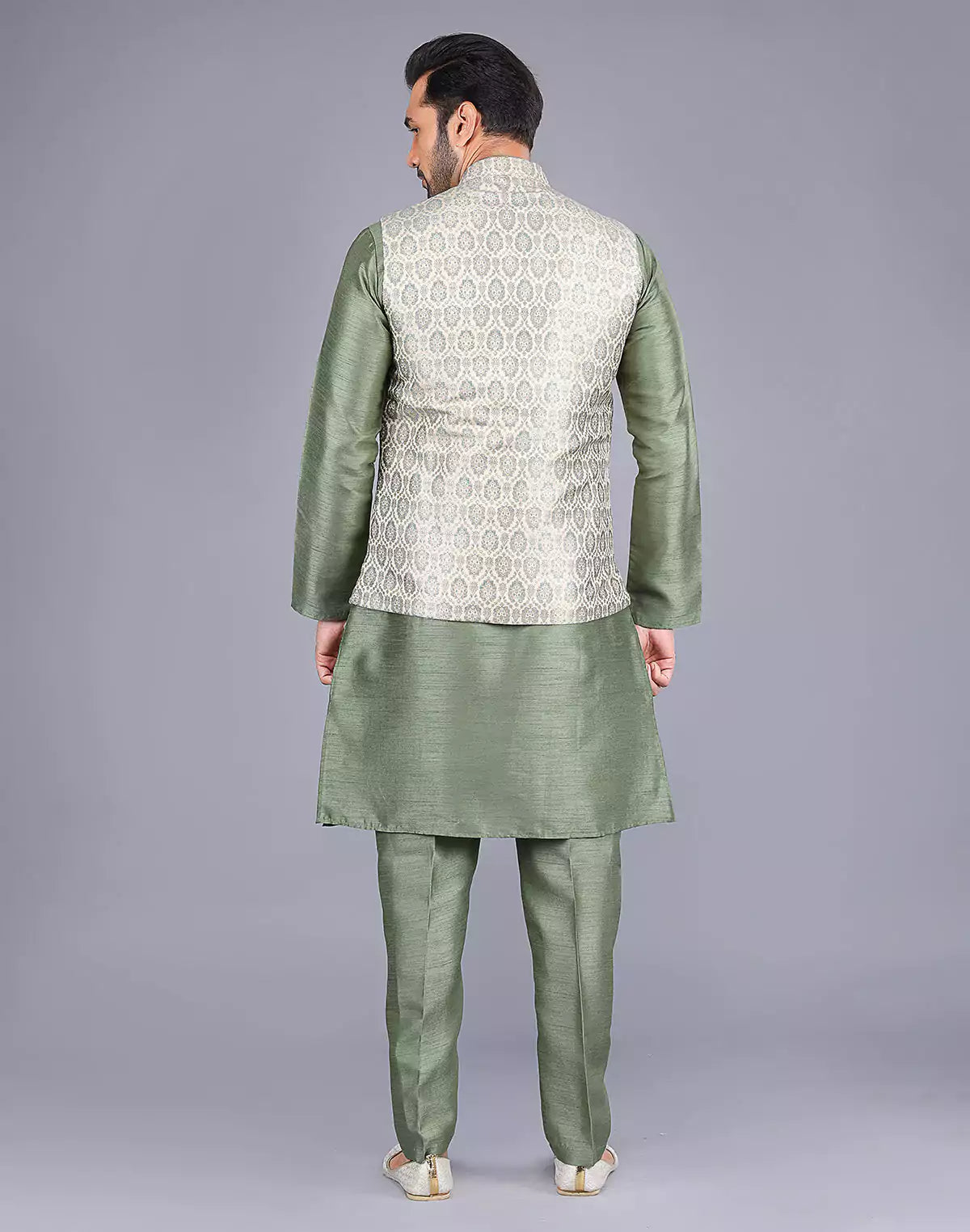 Floral Design Pista Colour Raw Silk Thread work Kurta Jacket Set