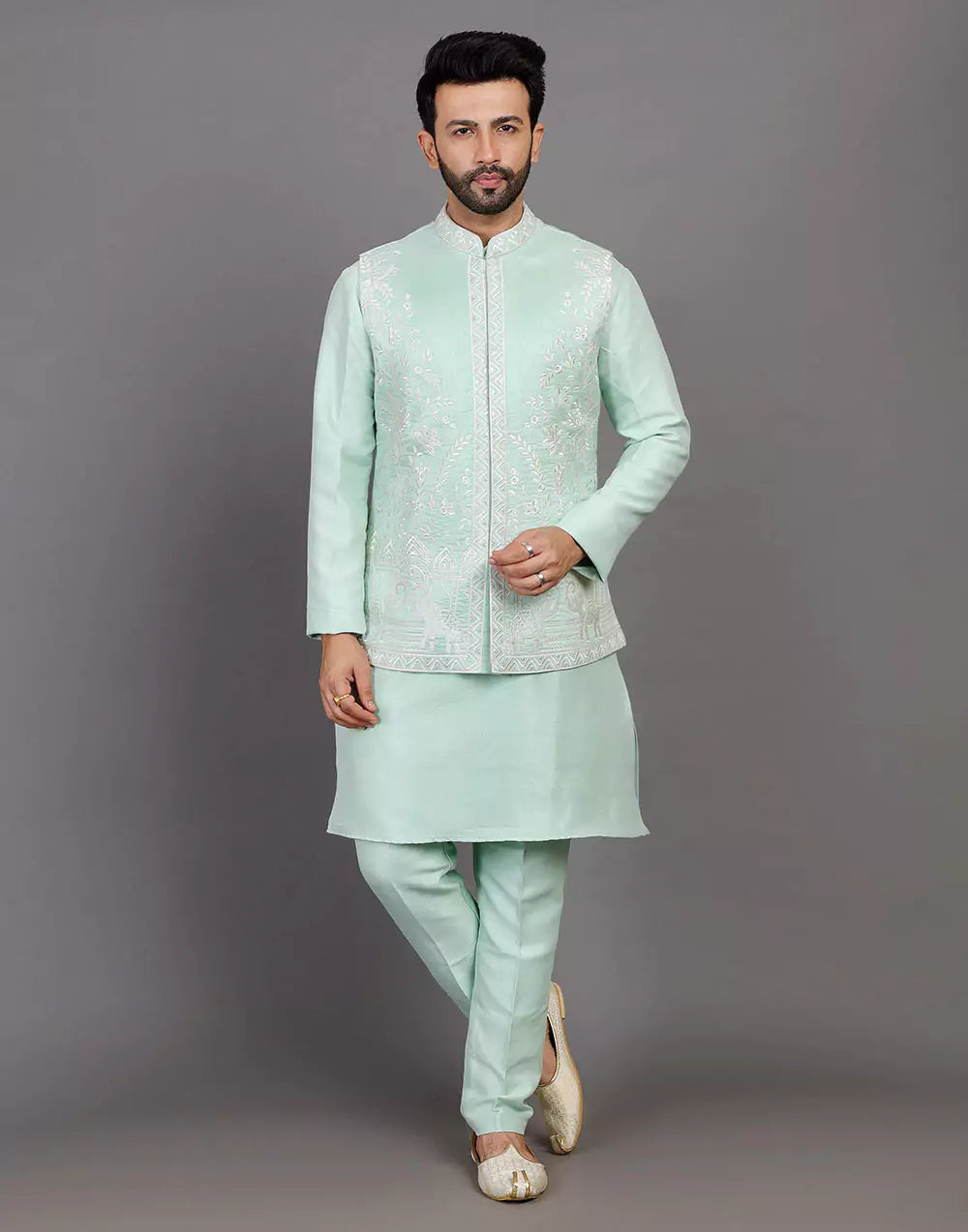Sea Green Raw Silk Thread & Embellished Kurta Jacket Set