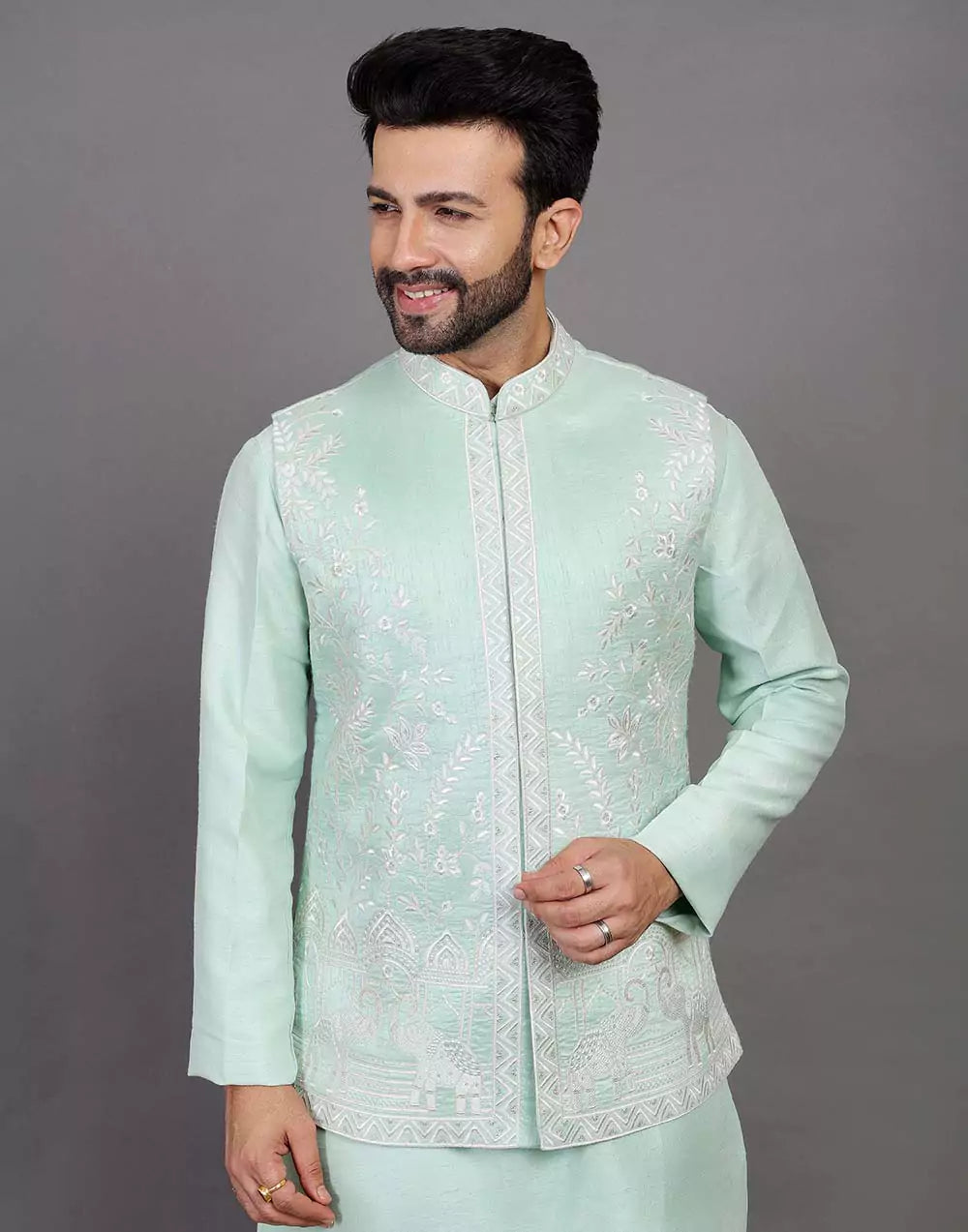 Sea Green Raw Silk Thread & Embellished Kurta Jacket Set