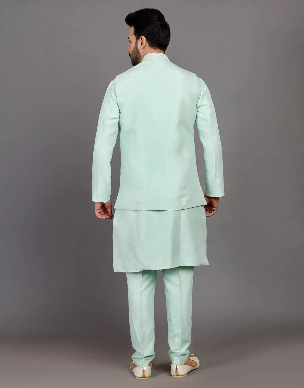 Sea Green Raw Silk Thread & Embellished Kurta Jacket Set