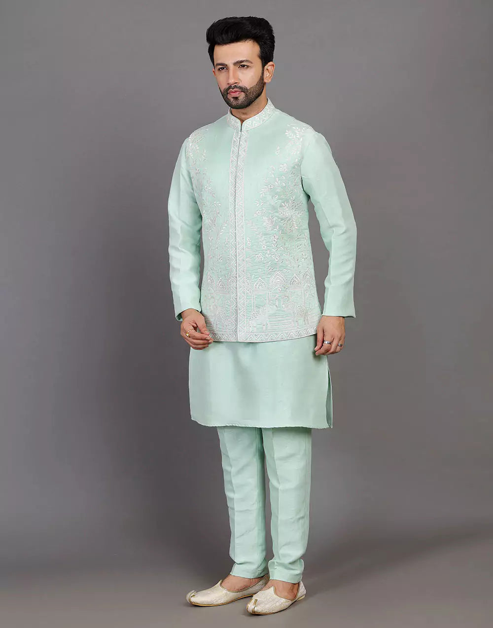 Sea Green Raw Silk Thread & Embellished Kurta Jacket Set