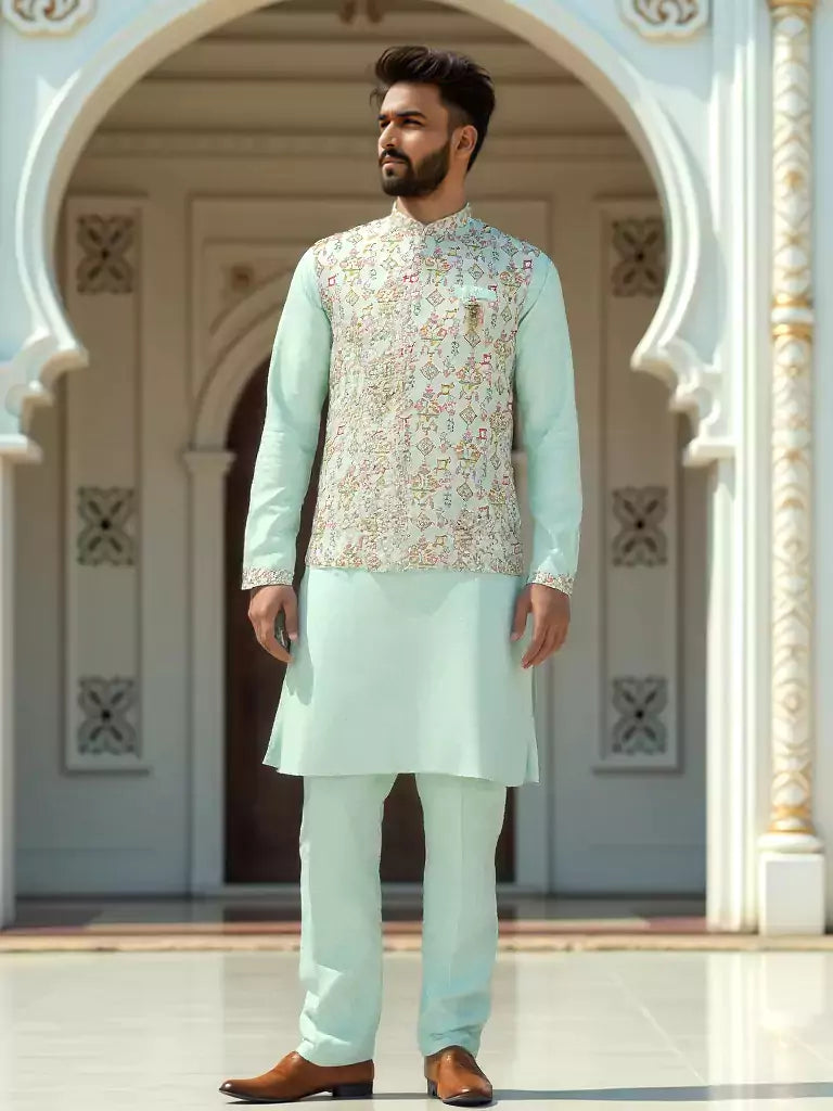 Sea Green Floral Print Giza Cotton Kurta Jacket Set