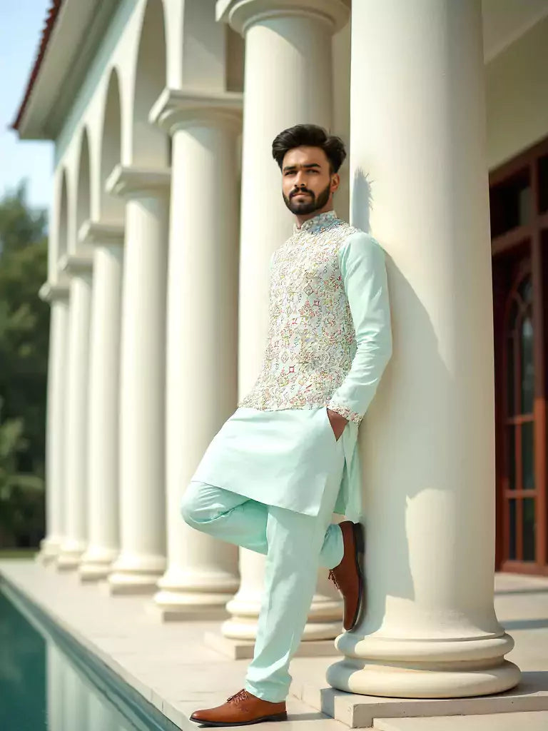 Sea Green Floral Print Giza Cotton Kurta Jacket Set